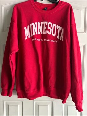 Gildan Red Crewneck Sweatshirt w/white lettering “Minnesota The North Star State